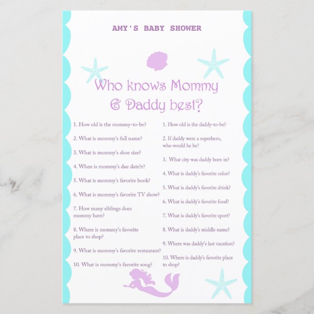 Printed Mermaid Baby Shower Game (Front)
