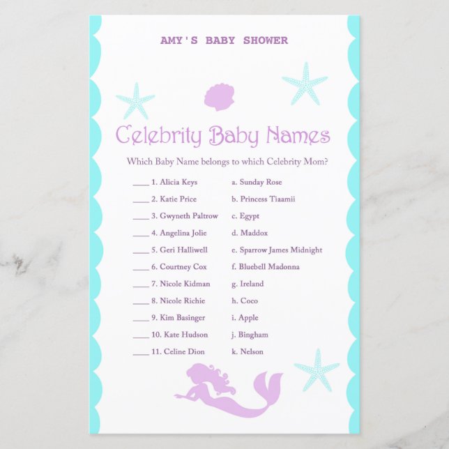 Printed Mermaid Baby Shower Game (Front)