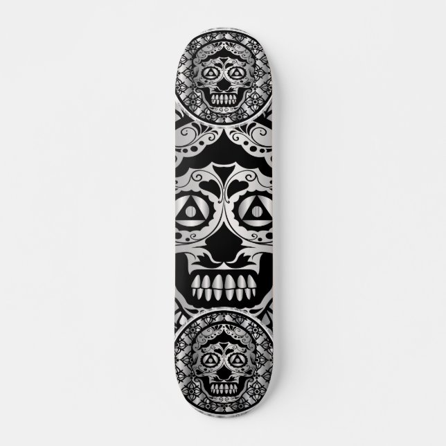 Printed metallic silver effect sugar skull style o skateboard (Front)