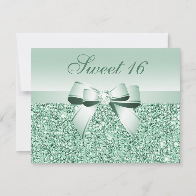 Printed Mint Green Sequins, Bow & Diamond Sweet 16 Invitation (Front)