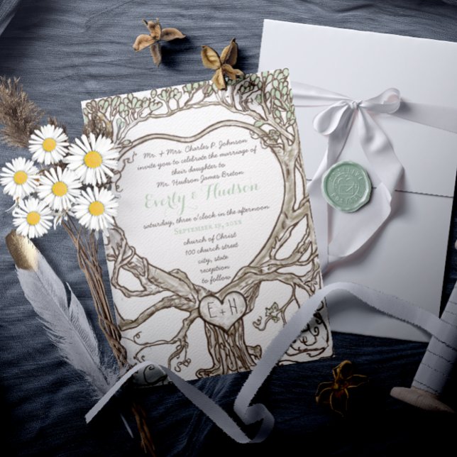 Printed on Both Sides Green Boho Heart Shaped Invitation (Creator Uploaded)