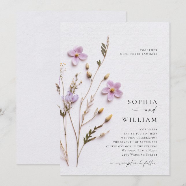 PRINTED Pressed Dry Pastel Boho Flowers Wedding Invitation (Front/Back)