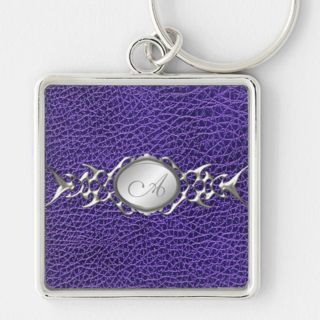 PRINTED Purple Croc and Pewter Monogram Keychain (Front)