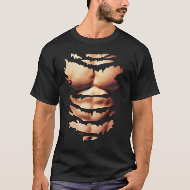Printed Realistic Chest Six Pack Abs Muscles Funny T-Shirt (Front)