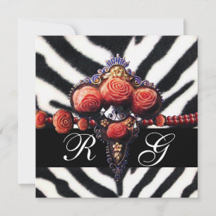 PRINTED RED CORAL ROSES , BLACK WHITE ZEBRA SKIN INVITATION
