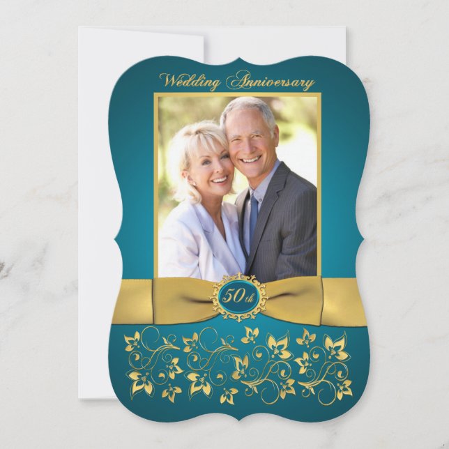 PRINTED RIBBON 50th Anniversary Invite - Teal (Front)