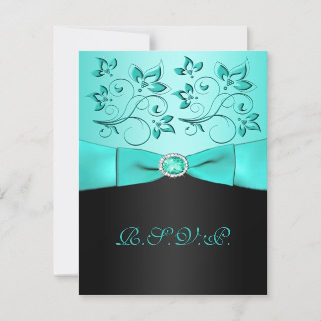 PRINTED RIBBON Aqua, Black Floral II RSVP Card (Front)