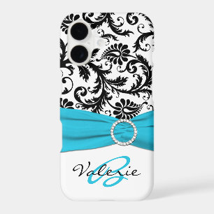 PRINTED RIBBON Aqua, Black, White Floral Damask