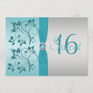 PRINTED RIBBON Aqua, Silver Sweet 16 Party Invite