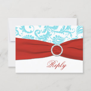 PRINTED RIBBON Aqua, White, Red Damask RSVP Card