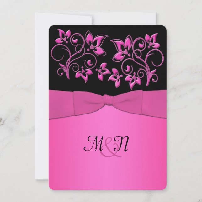 PRINTED RIBBON Black, Pink Floral Wedding Invite (Front)