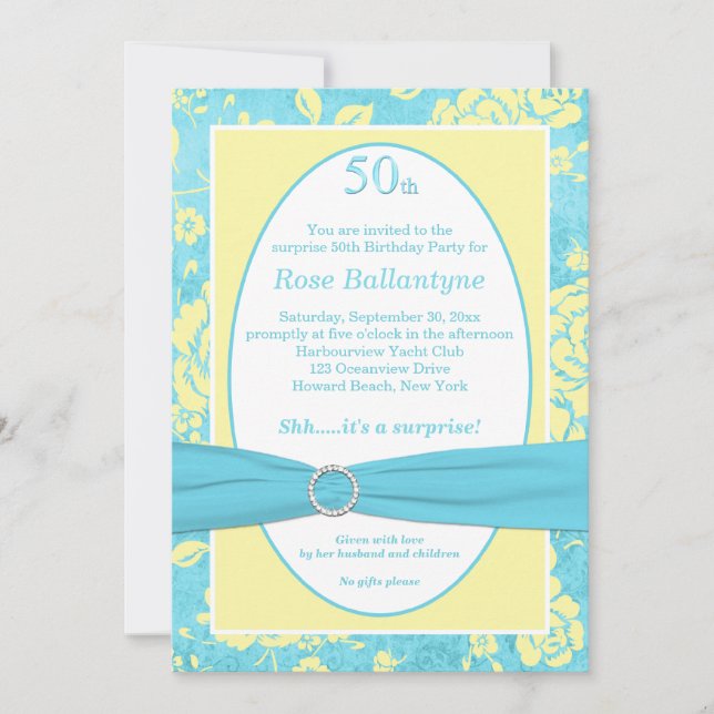 PRINTED RIBBON Blue Yellow 50th Birthday Invite (Front)