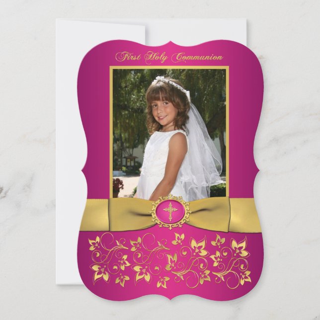 PRINTED RIBBON Fancy Shape Holy Communion Photo Invitation (Front)
