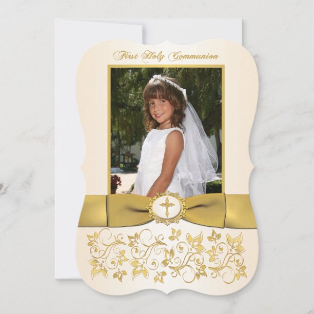 PRINTED RIBBON Fancy Shape Holy Communion Photo Invitation (Front)