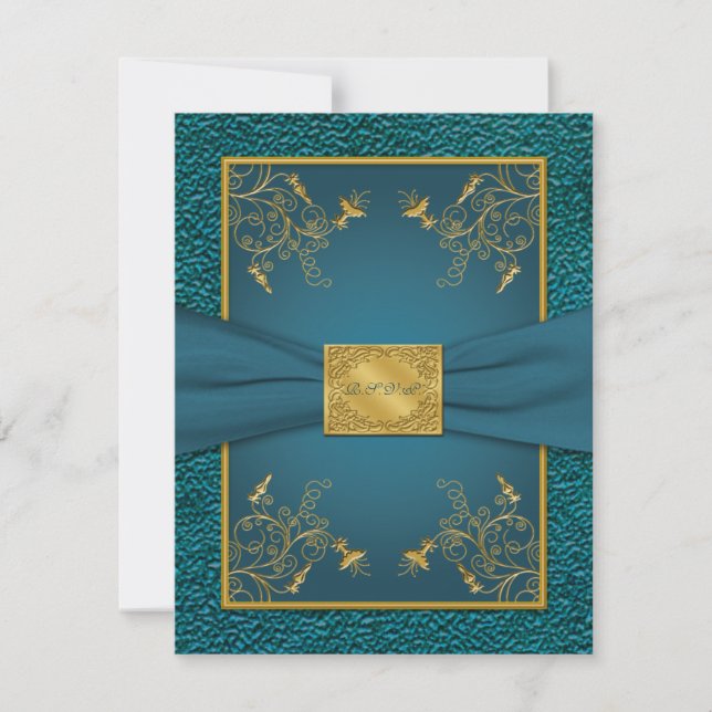 PRINTED RIBBON Gold, Teal RSVP Card (Front)