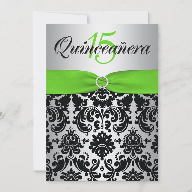 PRINTED RIBBON Green Silver Black Quinceanera Invitation (Front)