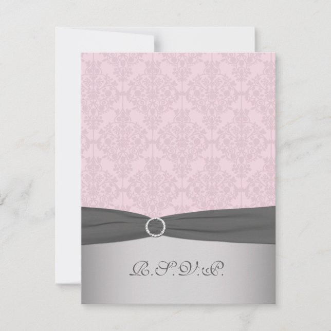 PRINTED RIBBON Grey, Pink Damask RSVP Card (Front)