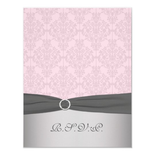 PRINTED RIBBON Grey, Pink Damask RSVP Card