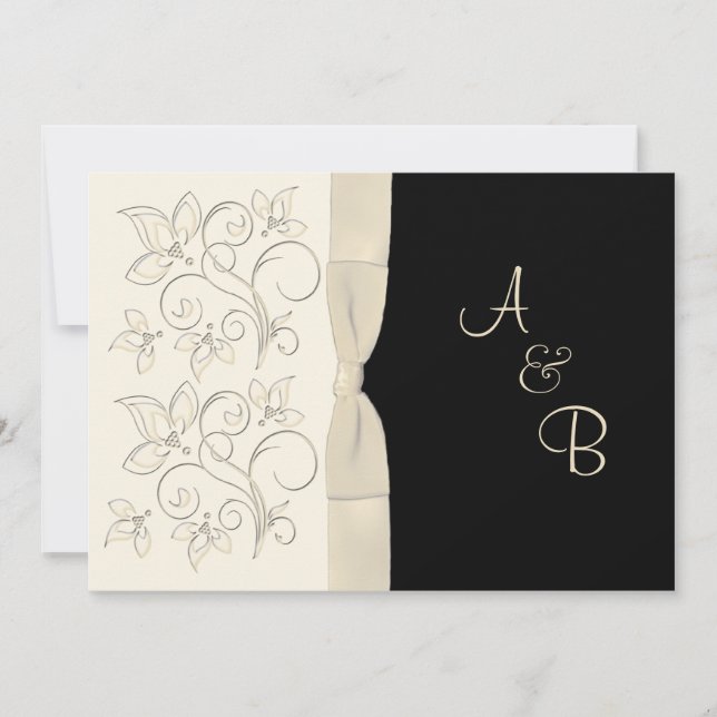 PRINTED RIBBON Ivory Black Monogram Wedding Invite (Front)