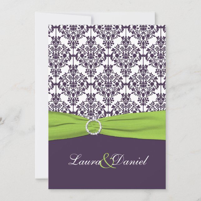 PRINTED RIBBON Lime, Purple Damask Wedding Invite (Front)