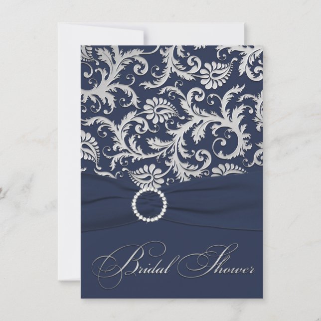 PRINTED RIBBON Navy, Silver Bridal Shower Invite (Front)