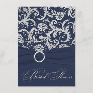 PRINTED RIBBON Navy, Silver Bridal Shower Invite