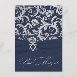 PRINTED RIBBON Navy, Silver Damask Bat Mitzvah Invitation