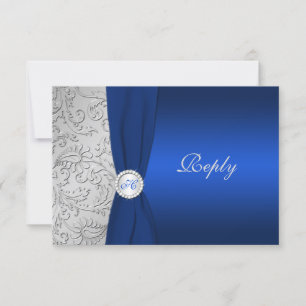 PRINTED RIBBON Navy Silver Damask RSVP Card