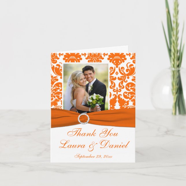 PRINTED RIBBON Orange Damask Photo Thank You Card (Front)