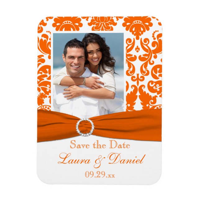 PRINTED RIBBON Orange Damask Save the Date Magnet (Vertical)