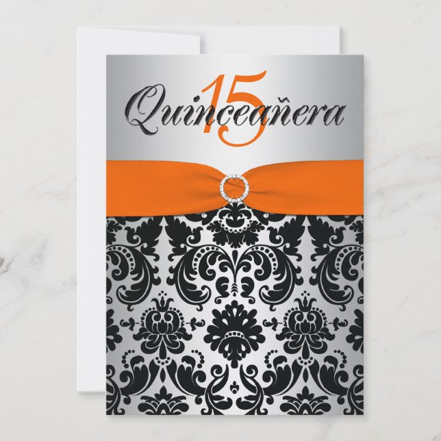PRINTED RIBBON Orange Silver Black Quinceanera Invitation (Front)