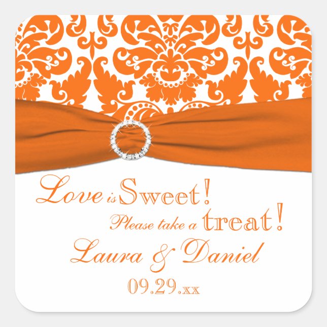 PRINTED RIBBON Orange, White Damask Candy Buffet Square Sticker (Front)
