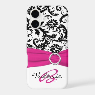 PRINTED RIBBON Pink, Black, White Floral Damask