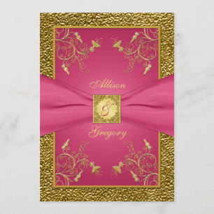 PRINTED RIBBON Pink Gold Floral Wedding Invitation