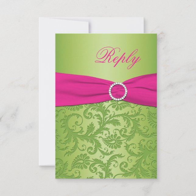 PRINTED RIBBON Pink, Green Damask Reply Card (Front)