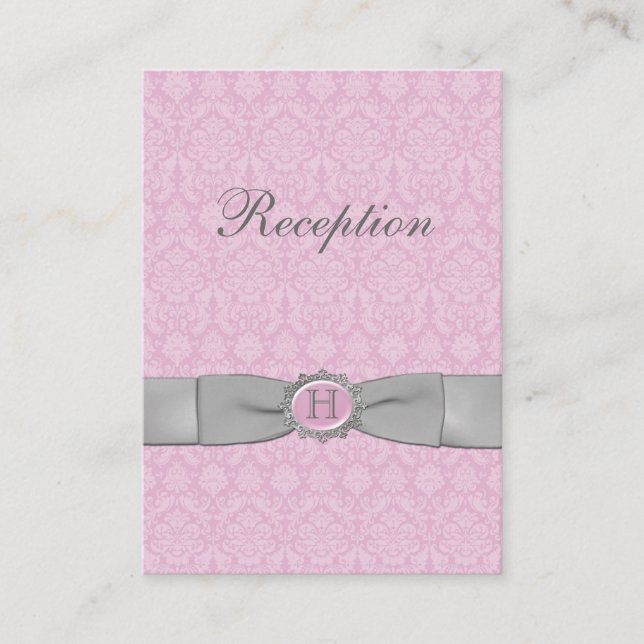 PRINTED RIBBON Pink Grey Damask Enclosure Card (Front)
