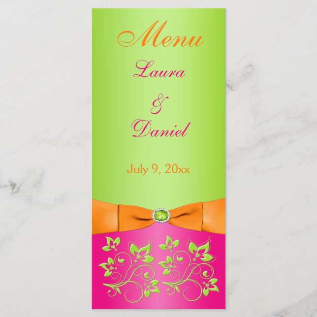 PRINTED RIBBON Pink Orange Lime Floral Menu Card (Front)