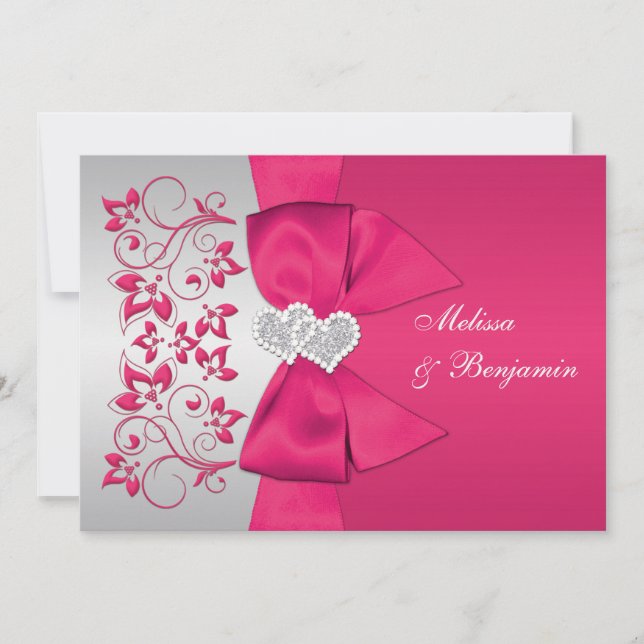 PRINTED RIBBON Pink, Silver Floral Wedding Invite (Front)