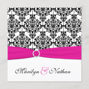 PRINTED RIBBON Pink White Black Damask Wedding Invitation