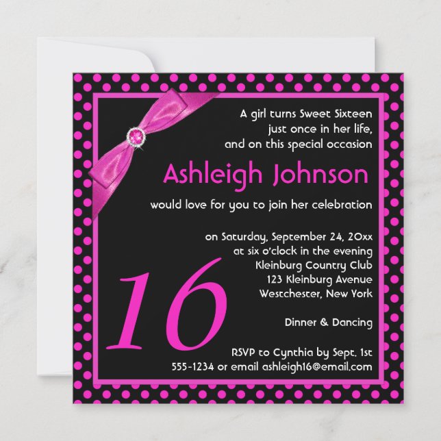 PRINTED RIBBON Polka Dot Sweet 16 Birthday Invite (Front)