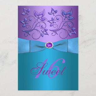PRINTED RIBBON Purple, Turquoise Floral Sweet 16 Invitation