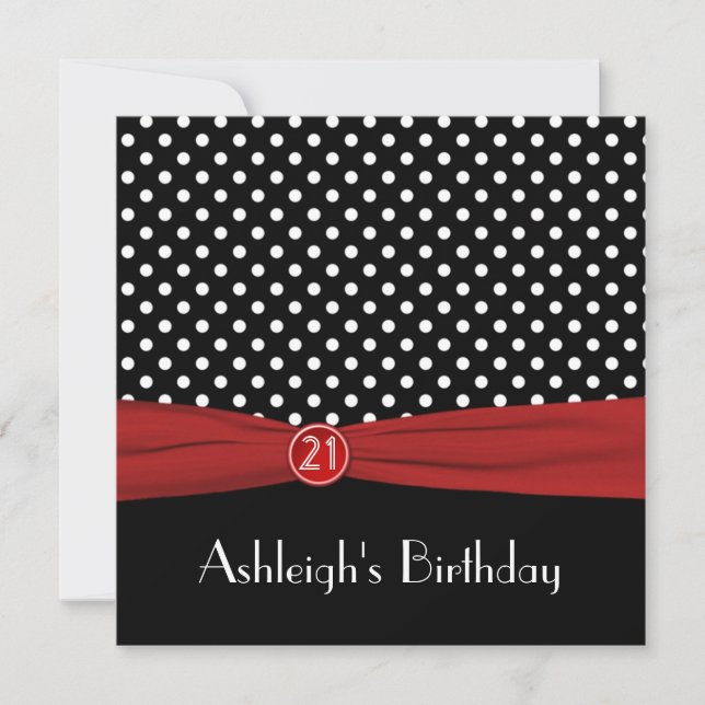 PRINTED RIBBON Red Black Polka Dots 21st Birthday Invitation (Front)