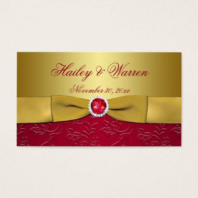 PRINTED RIBBON Red, Gold Floral Favour Tag (Front)