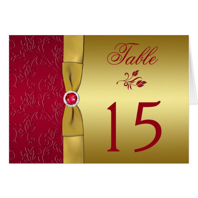 PRINTED RIBBON Red, Gold Floral Table Number Card (Front Horizontal)