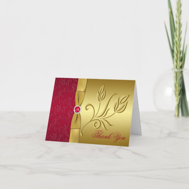 PRINTED RIBBON Red, Gold Floral Thank You Card (Front)