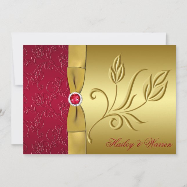 PRINTED RIBBON Red, Gold Floral Wedding Invitation (Front)