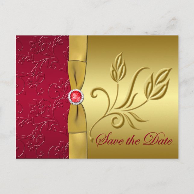 PRINTED RIBBON Red, Gold Save the Date Card (Front)