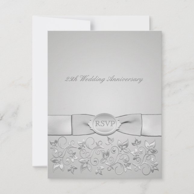 PRINTED RIBBON Silver Grey Floral RSVP Card (Front)