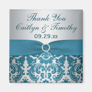 PRINTED RIBBON Silver, Teal Damask Wedding Favour Magnet