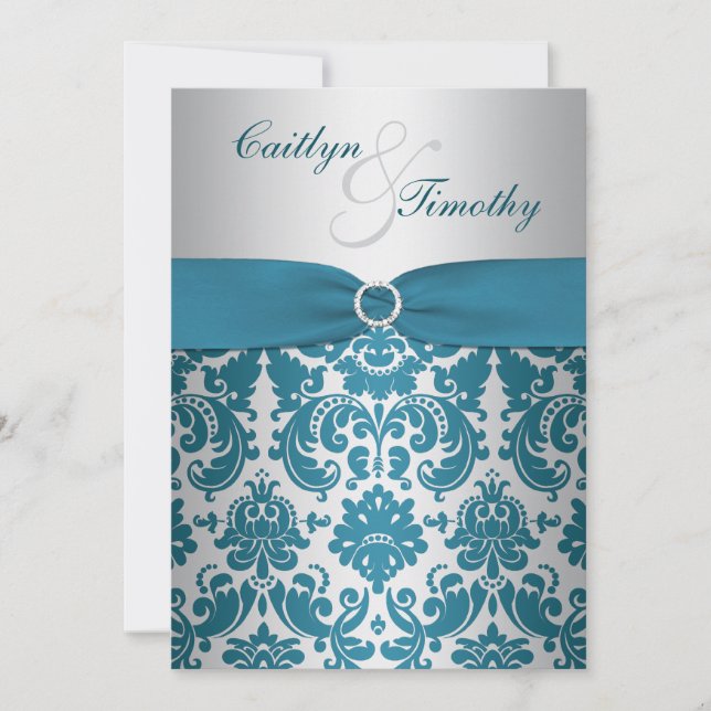 PRINTED RIBBON Silver, Teal Damask Wedding Invite (Front)